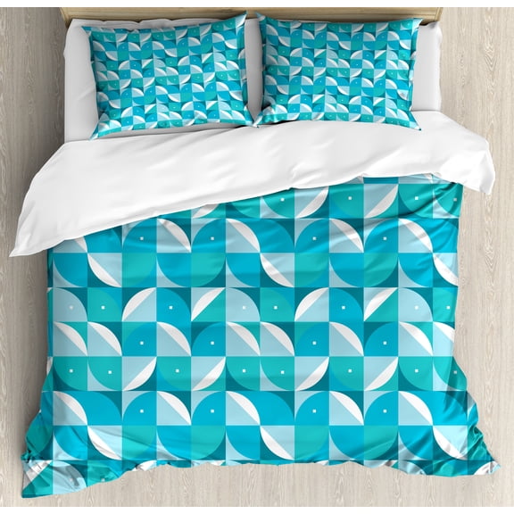 Geometric Duvet Cover Set, Fractal Abstract Forms Background with Half Circles and Triangles Image, Decorative 3 Piece Bedding Set with 2 Pillow Shams, King Size, Aqua and Sky Blue, by Ambesonne