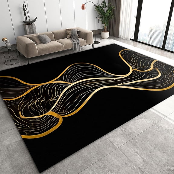 Black And Gold Twisted Water Area Rugs, Luxury Gold Geometric Lines Indoor Rugs, With Anti-Slip Easy Clean Carpet For Living Room Bedroom Kitchen Dining Room Home Office 3x4ft