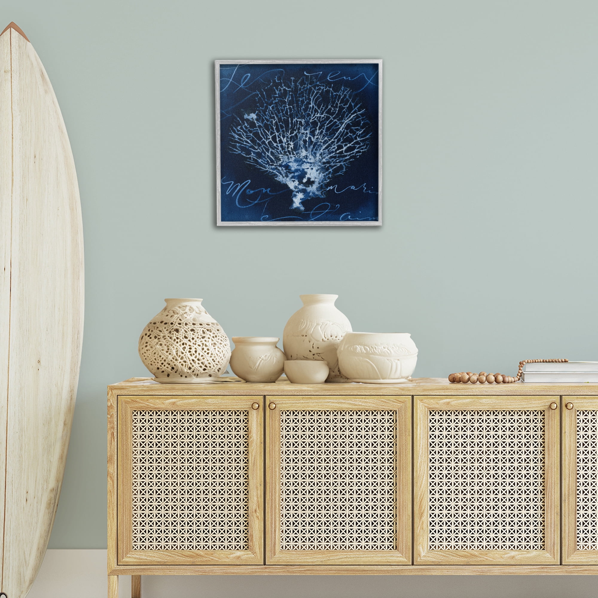 Stupell Industries Vintage Marine Life Coastal Painting Gray Framed Art Print Wall Art, 24 x 24