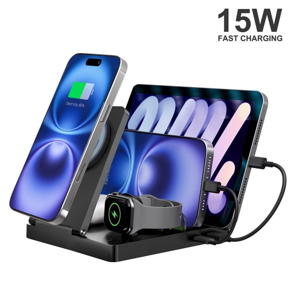 5 in 1 Magnetic Wireless Charger, 15W Fast Charging Station Compatible with iPhone 17 16 15 14 13 12, Charging Dock Compatible with AirPods 4 3 2 1, for iWatch, for iPad, Black