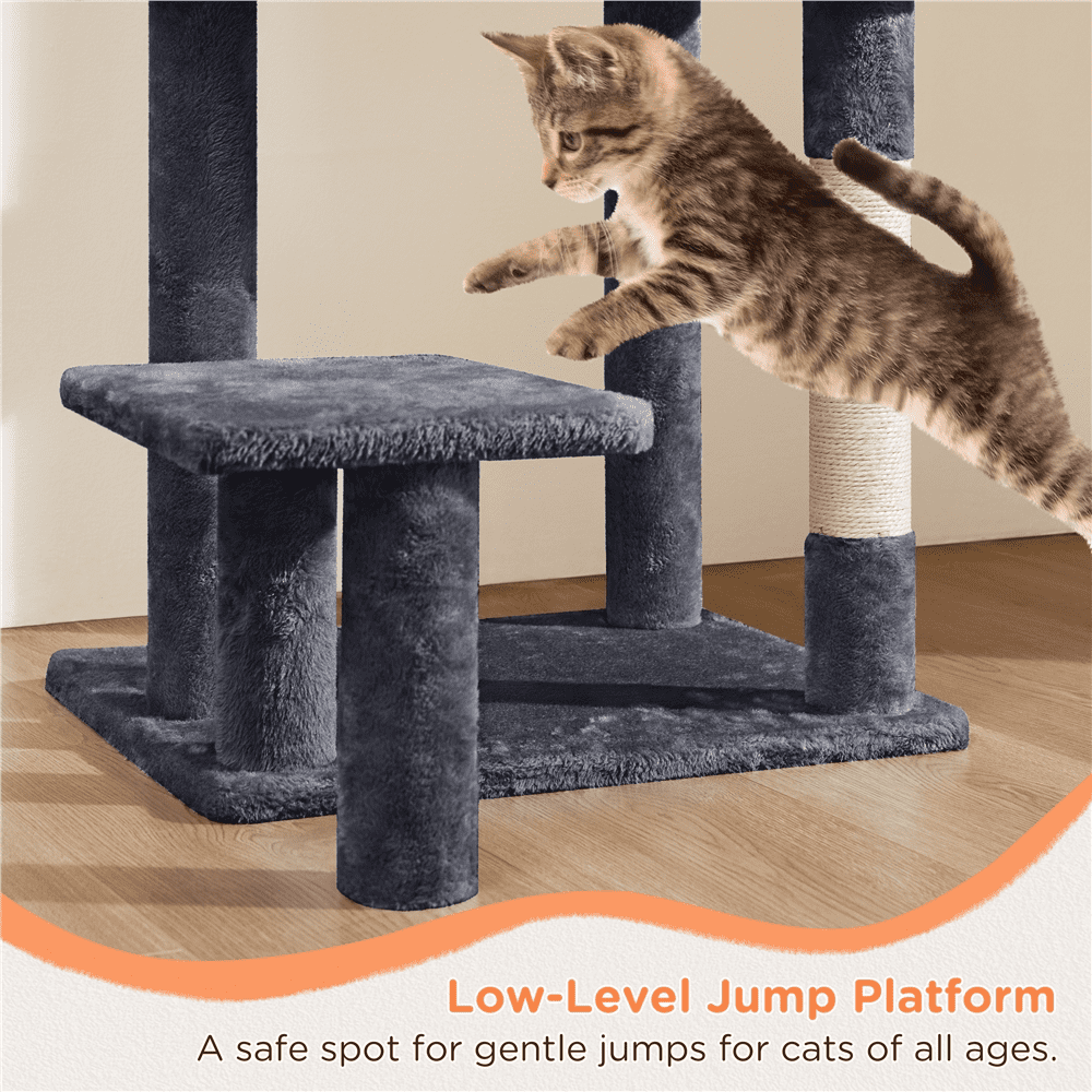 Alden Design 57″ Tall Multi Level Cat Tree with Basket & Condo & Scratching Post, Dark Gray