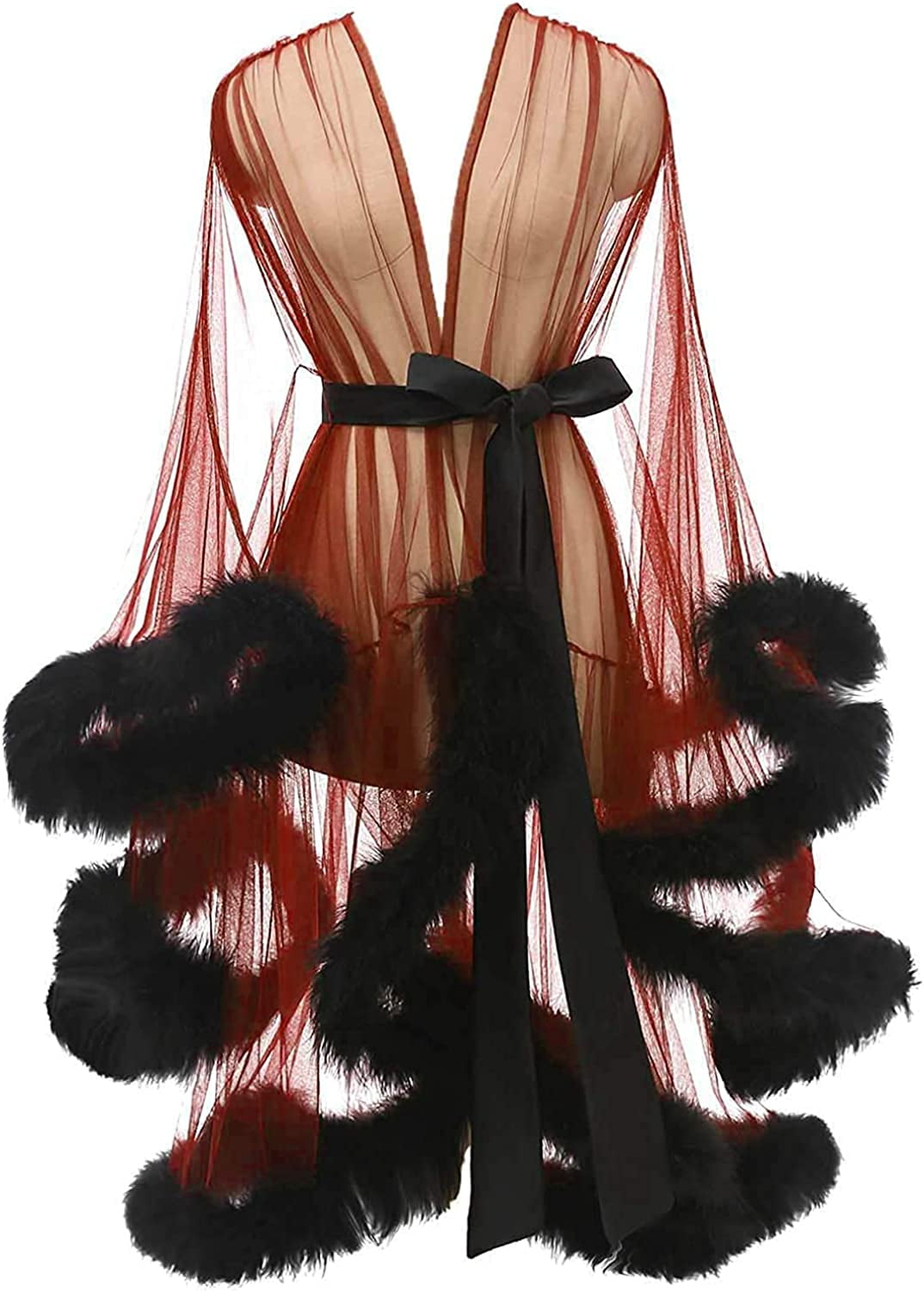 Yexinbridal Tulle Feather Robe Sexy Sheer Mesh Fur Bridal Illusion