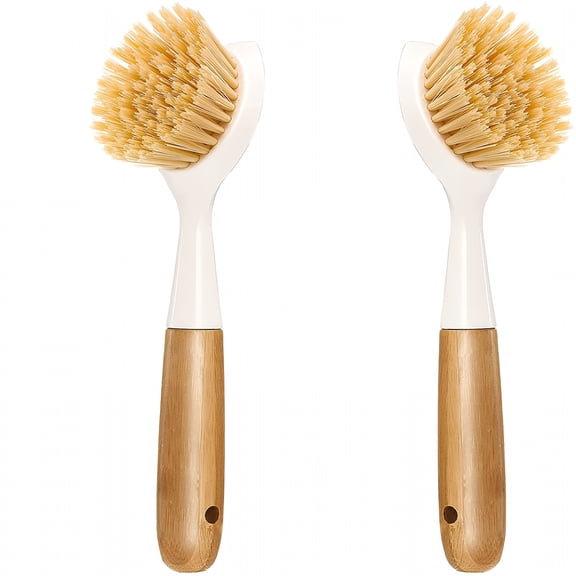 ACDANC 2 Pack Kitchen Dish Brush Bamboo Handle Dish Scrubber Built-in Scraper,Scrub Brush for Pans,Pots,Kitchen Sink Cleaning,Dishwashing Cleaning Tools,White