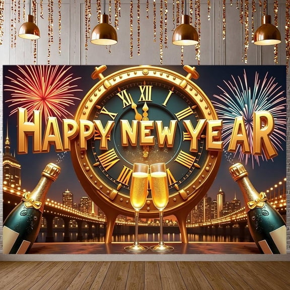 Golden Theme Happy New Year Banner Clock Design New Year Banner Fireworks Pattern Champagne Elements Celebration Banner for New Year Party New Year's Eve Celebration Indoor Decoration