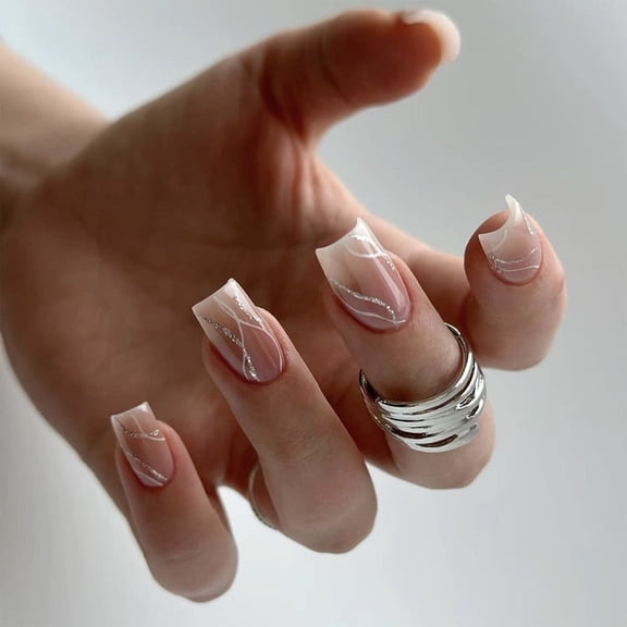 24 Pcs White Wavy Lines Artificial Nails French Tip Press On Nails Short Square On Nails Glossy False Nails