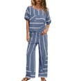 thumbnail image 3 of Women's Striped Two Piece Set, Crew Neck Top with Pocket and Drawstring Waist Wide Leg Pants, Cotton Linen Loungewear Set, Summer Casual Outfits for Women-Navy, 3 of 7