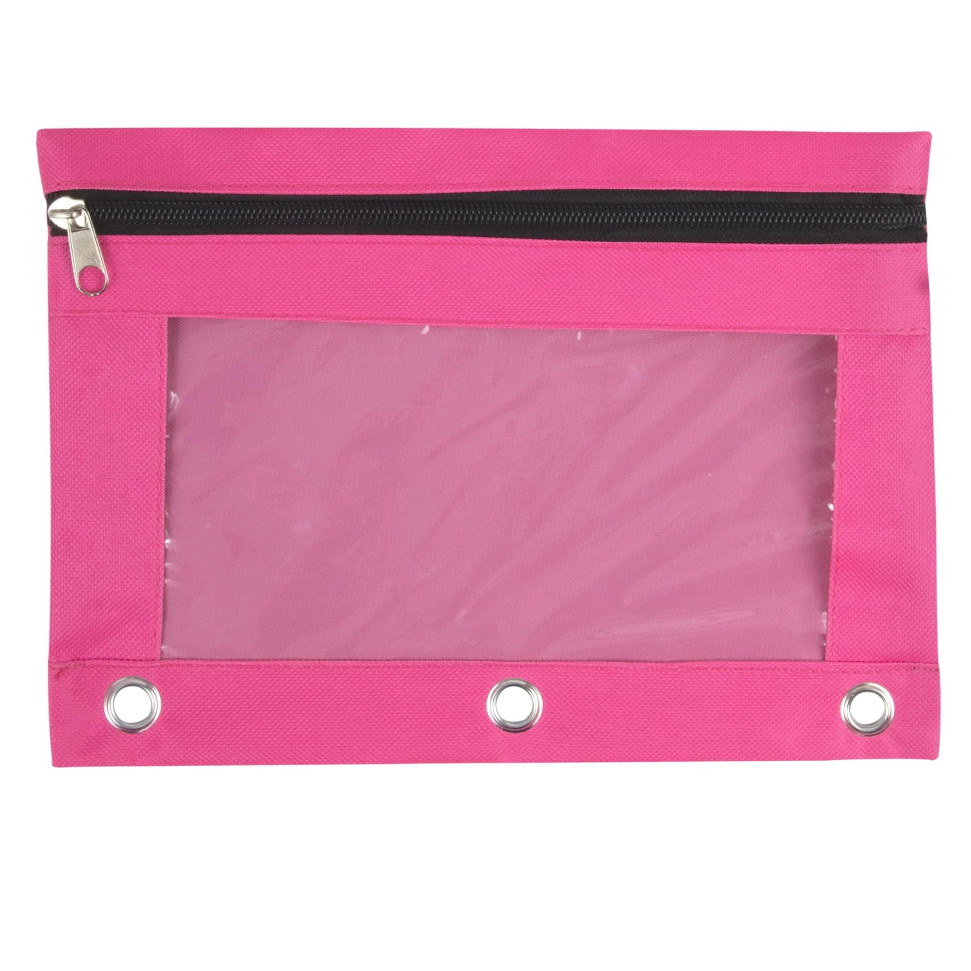100 Pack of Bulk Wholesale 3 Ring Binder Clear Window Zippered Pencil Cases for Pens, Pencils, Markers, Scissors, Sharpeners, Erasers, Students and Classrooms in Pink, Light Pink, Magenta & Blue