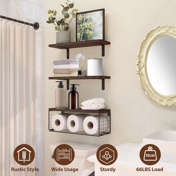 2 in 1 Floating Shelves with Storage Basket, Sturdy Paulownia Wood Wall Shelves, Rustic Style Decorative Storage Shelves 66Lbs Capacity,Multifunctional Floating Shelves 3-Tier with Storage Basket