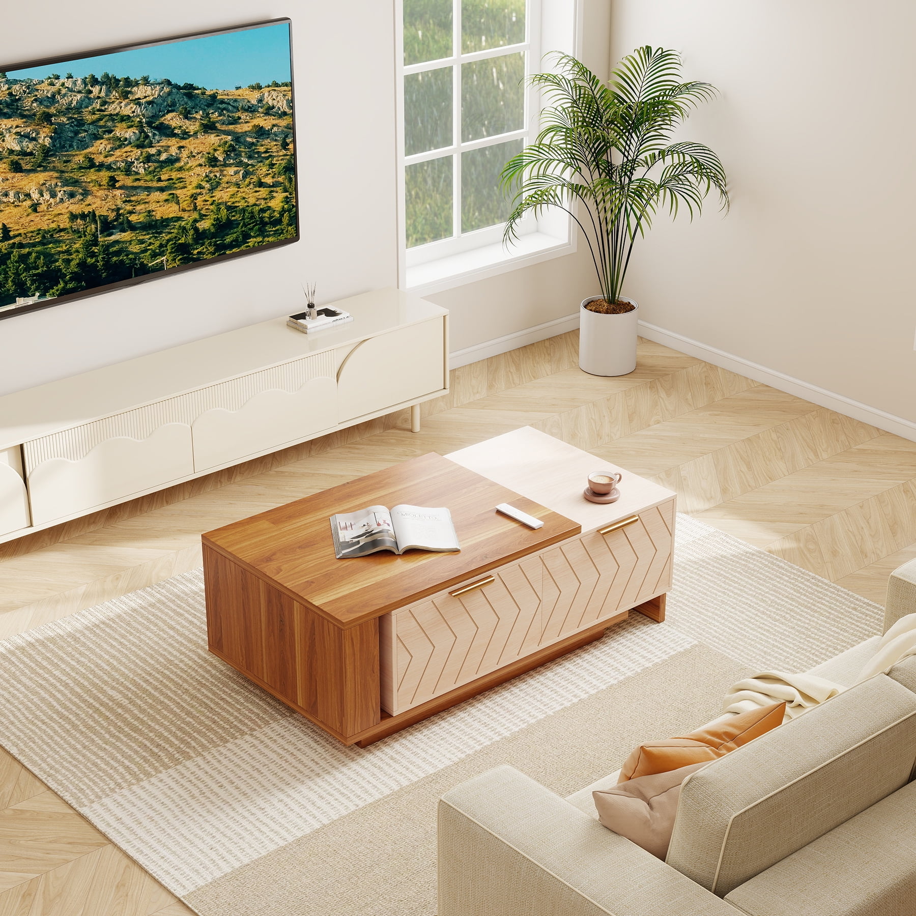 Expandable Coffee Table with Storage, 42''-65'' Two-Tone Wood Coffee Table with 2 Drawers for Living room