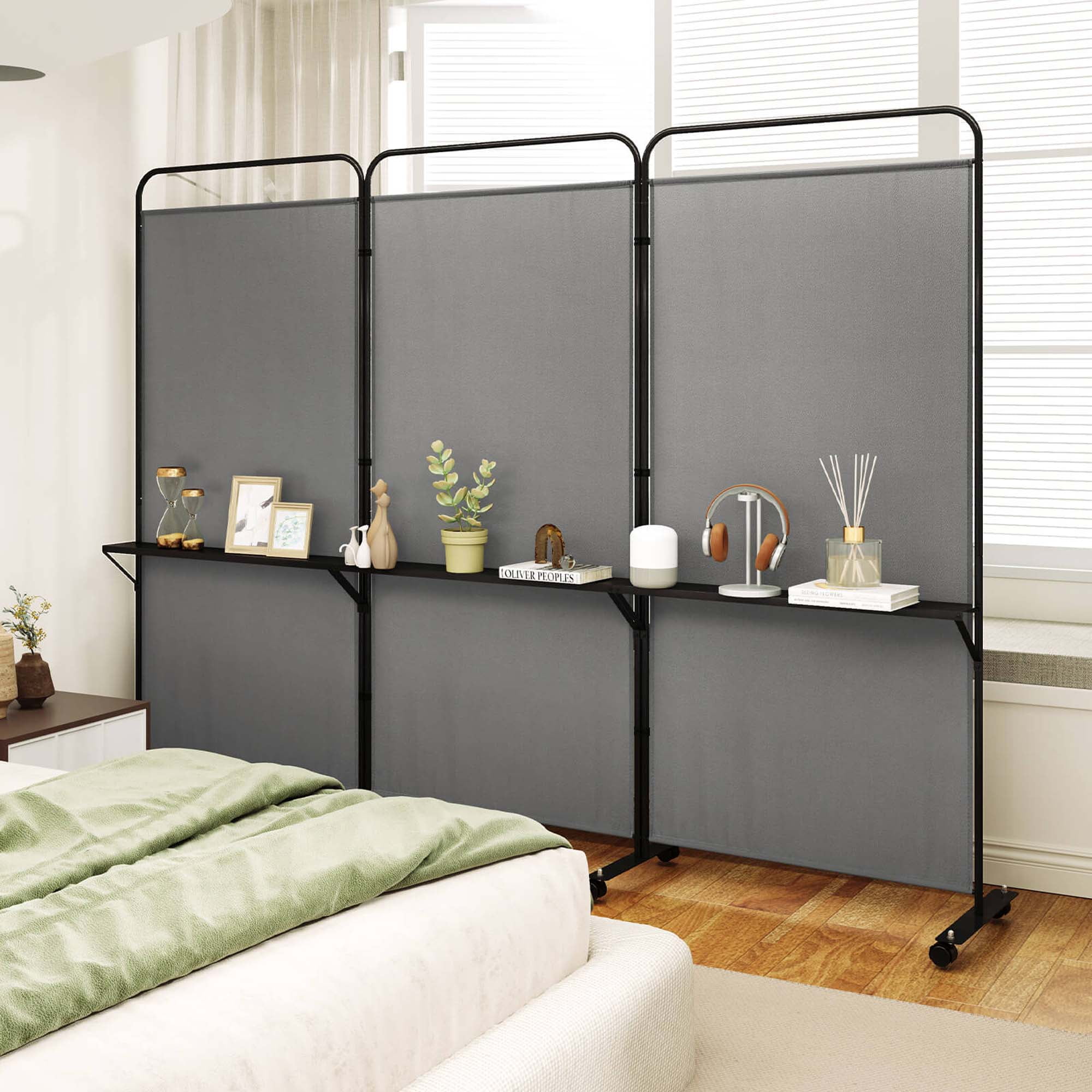 Costway 3-Panel Room Divider with Storage Shelves 6FT Tall Folding Privacy Screen on Wheels Gray