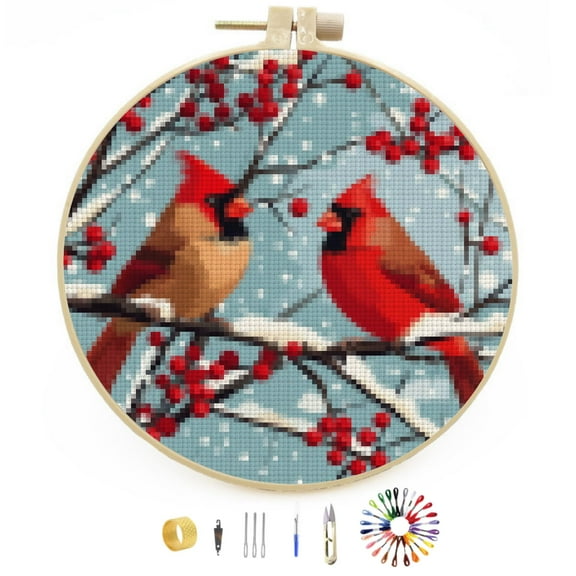 Cardinal on Red Berry Tree DIY Stamped Cross Stitch Kits Easy for Beginners with Hoop 11CT Counted Embroidery Needlepoint Crafts Arts for Handmade Enthusiasts and Home Decor 30x30cm(14)