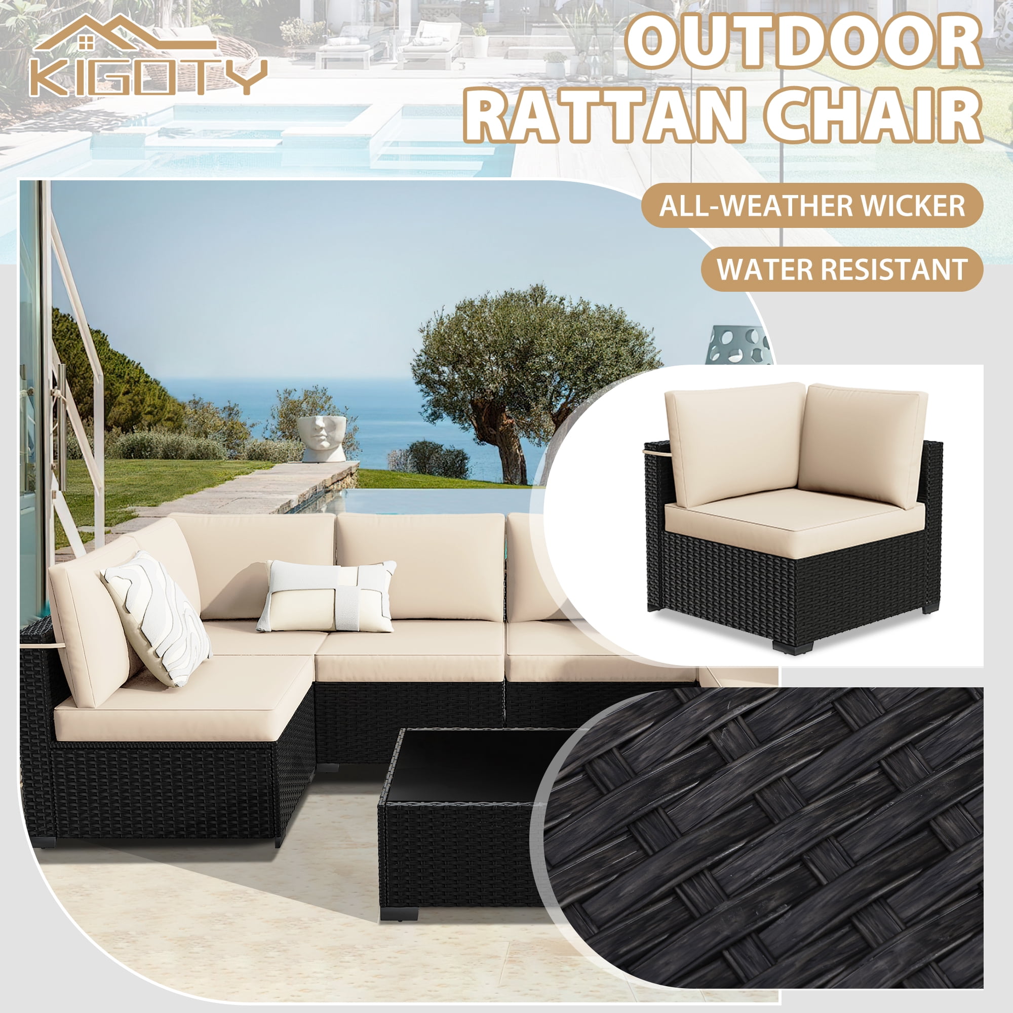 KIGOTY 7 Piece Outdoor Patio Furniture, Wicker Rattan Outdoor Conversation Set Sectional Sofas for Backyard, Garden, Black-White