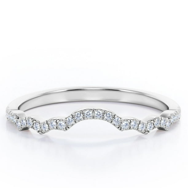 JeenMata Alianza de Boda Curvada con Forma de Nube de Diamantes de Talla Redonda de 0,15 TCW y Pavé Festoneado en Oro Blanco de 10 K