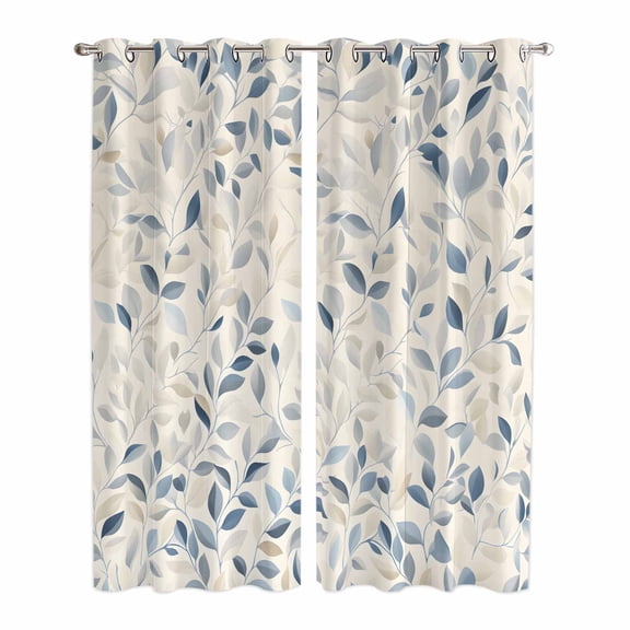 Blue Botanical Kitchen Curtains 84 Inch Length, Farmhouse Spring Summer Plant Grommet Top Bedroom Living Room Curtains, Light Filtering Cafe Curtain Drapes 2 Panels Set 84''x84''