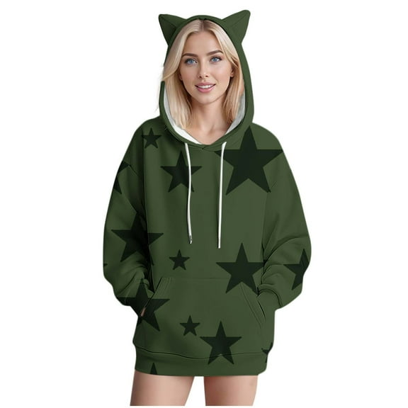 Chiccall Women's Cute Fleece Hoodies Kitty Ear Printed Loose Fit Casual Hood Drawstring Sweatshirt with Pocket Fall Lounge Graphic Clothes