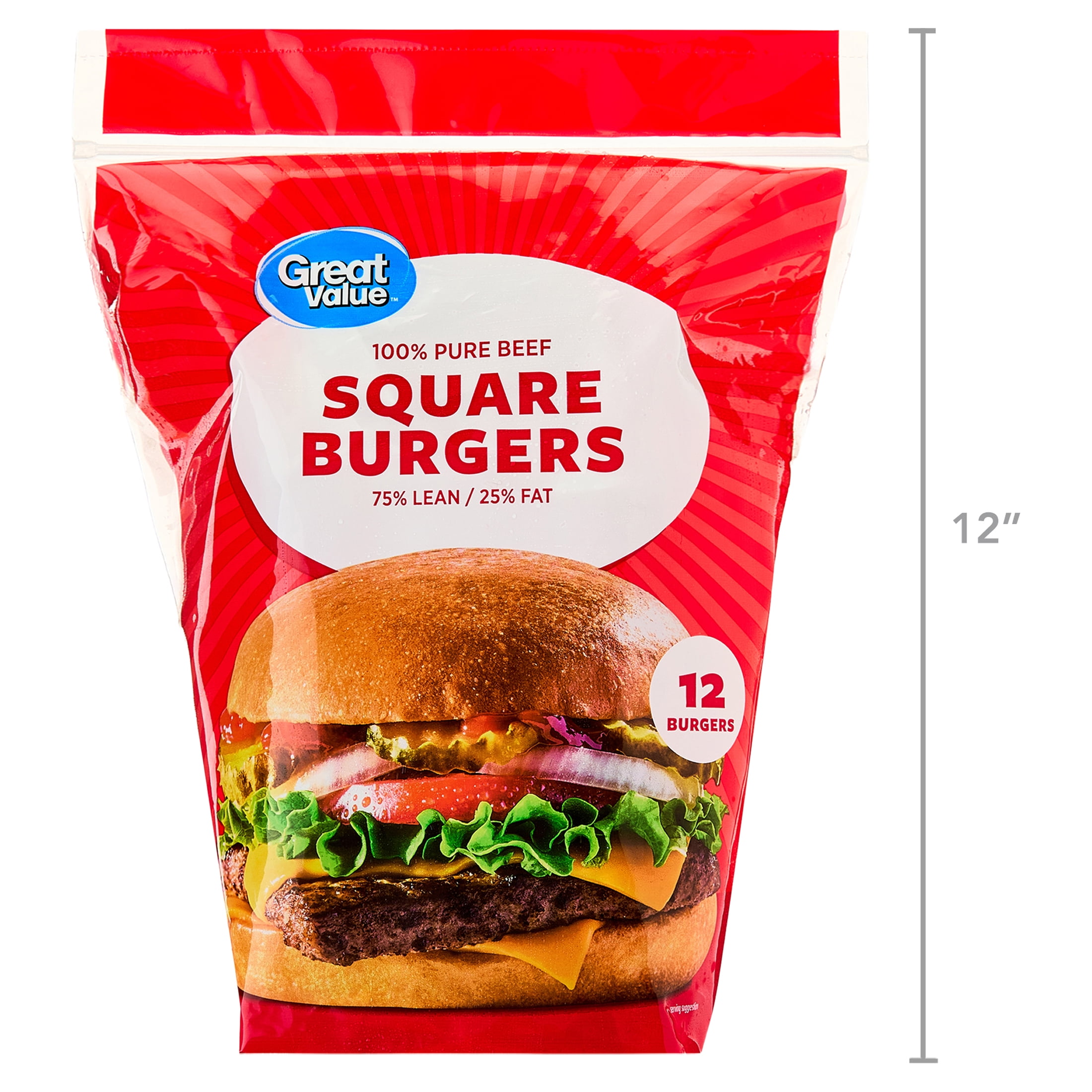 Great Value 100% Pure Beef Square Burgers, 75% Lean / 25% Fat, 3 lb, 12 Count (Frozen)