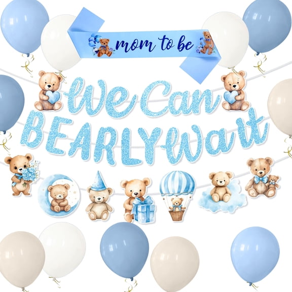 We Can Bearly Wait Blue Bear Party Decorations Set - Cute Themed Banner, Ornaments, Balloons & Sash for Celebrations