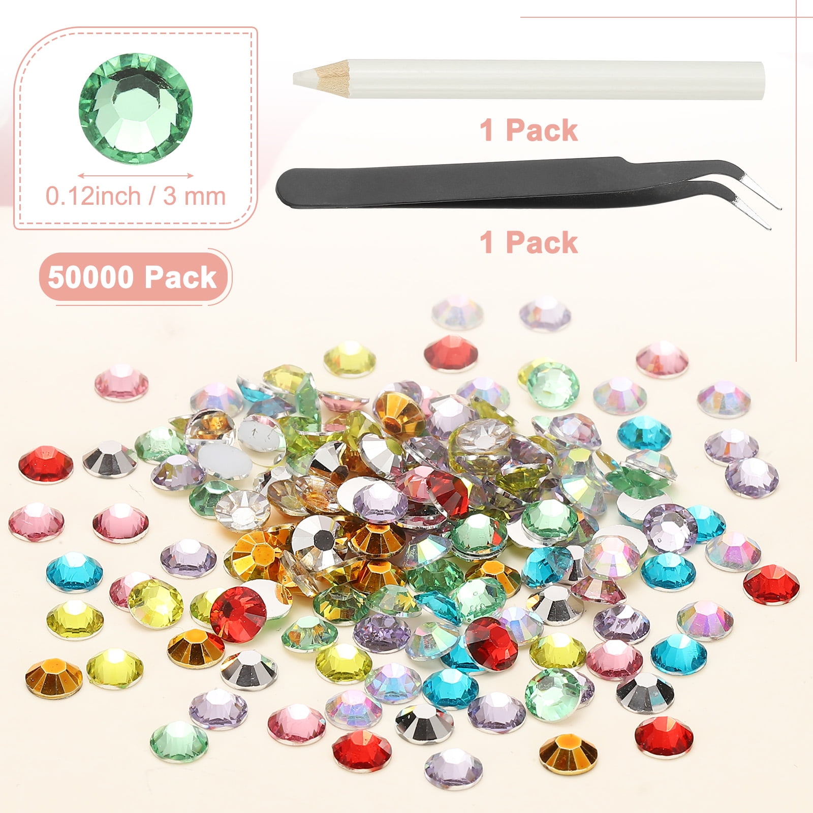 1-Set Resin Flatback Rhinestone, 3mm Flat Back Rhinestones Crystals Bulk for Crafts/Clothes/Nail Decoration, 50000 Pack with 1 Wax Pen and 1 Tweezer [Light Green]