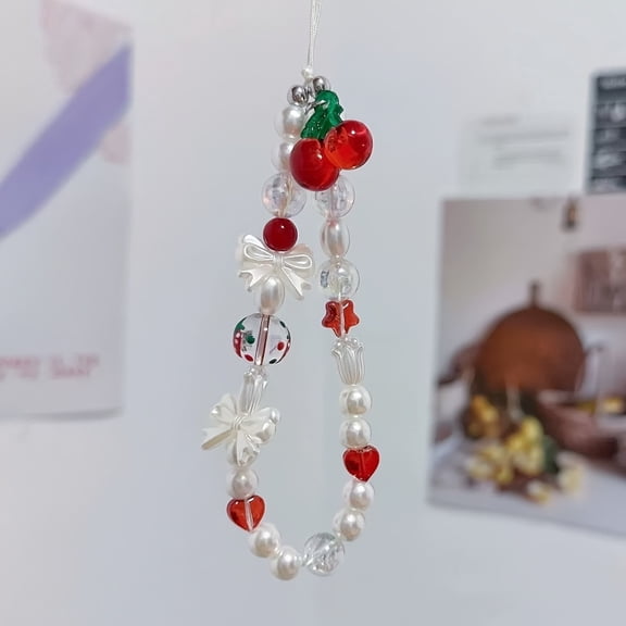 Women Cherry Bow Beaded Phone Charm Strap Handmade Lanyard for Phone Camera Backpack Christmas Gift