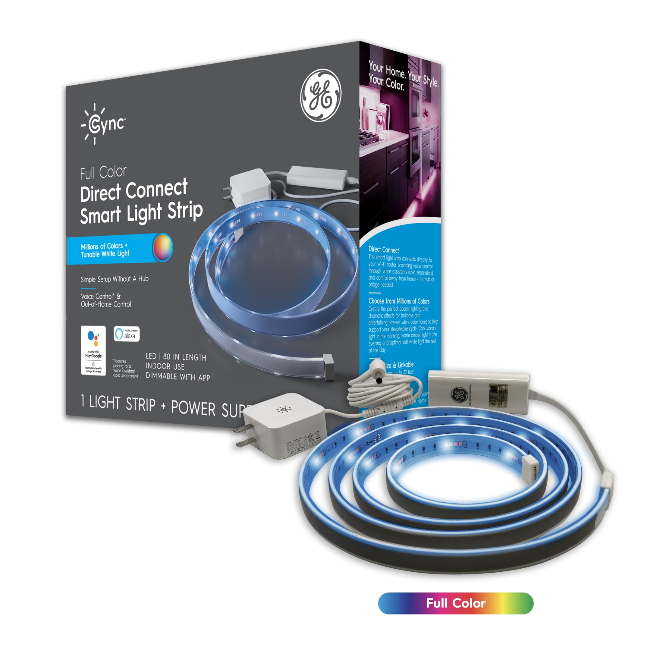 (2 pack) GE CYNC Smart LED Light Strip, Full Color, Bluetooth and Wi-Fi Enabled, 80 inches, 1pk