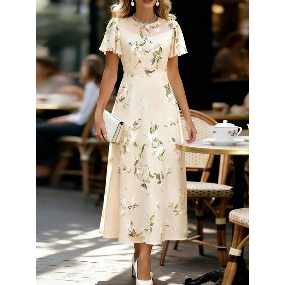 Apricot Chiffon Floral Print Ruffle Sleeve Midi Dress For Women