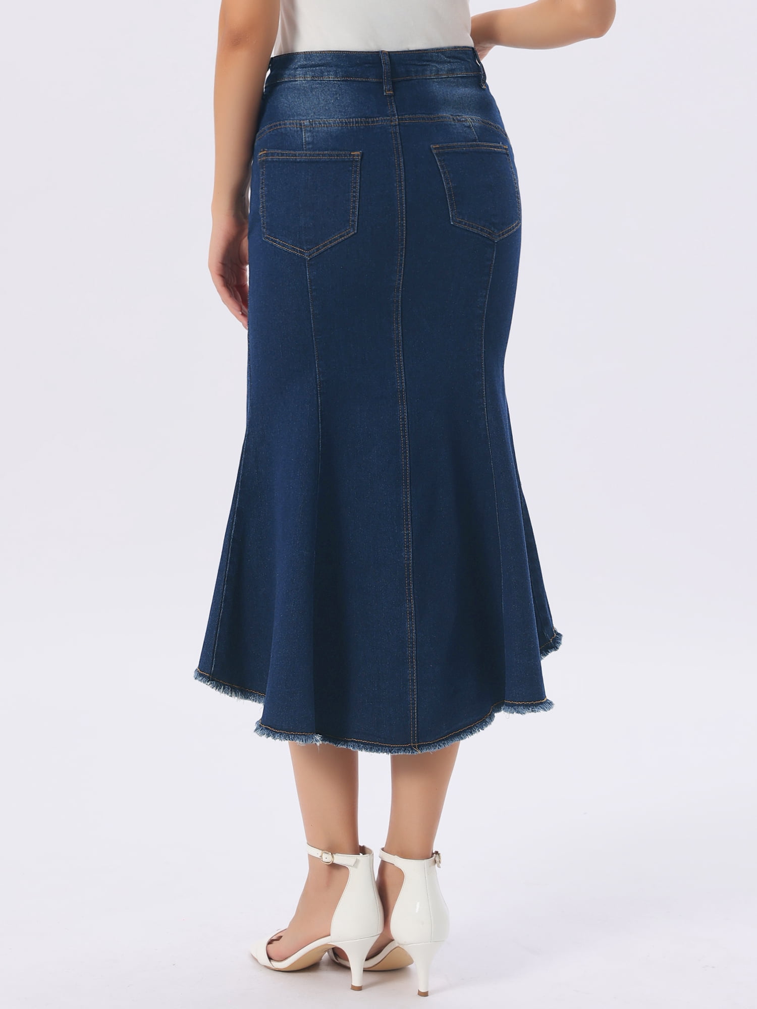 DARING DIVA Women's Raw Hem Fishtail Midi Skirt with Pockets S Black Blue