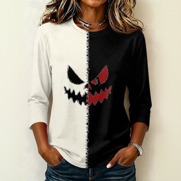 Halloween 3/4 Sleeve Sweatshirt for Women, Lightweight Pumpkin Shirt Casual Loose Crewneck Raglan Pullover Top Style01# L