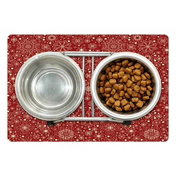 Retro Pet Mat for Food and Water, Snowflakes with Skinny Curls Cheerful Yuletide Noel Inspiration in Art, Non-Slip Rubber Mat for Dogs and Cats, 18" X 12", by Ambesonne