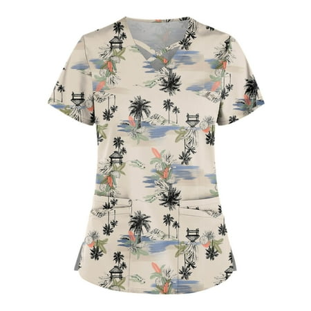 

SHUDAGENG Womens Tops Plus Size Cute Printed Scrub Working Uniform Tops for Womens Cross V Neck Short Sleeve Fun T-shirtss Workwear Tee with Pockets Khaki XL