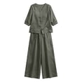 thumbnail image 4 of Women's Linen Cotton Two Piece Set, V Neck Half Sleeve Button Down Top & Drawstring Wide Leg Pants, Breathable Casual Outfit Set for Work Office and Daily Wear Blackish Green L, 4 of 4