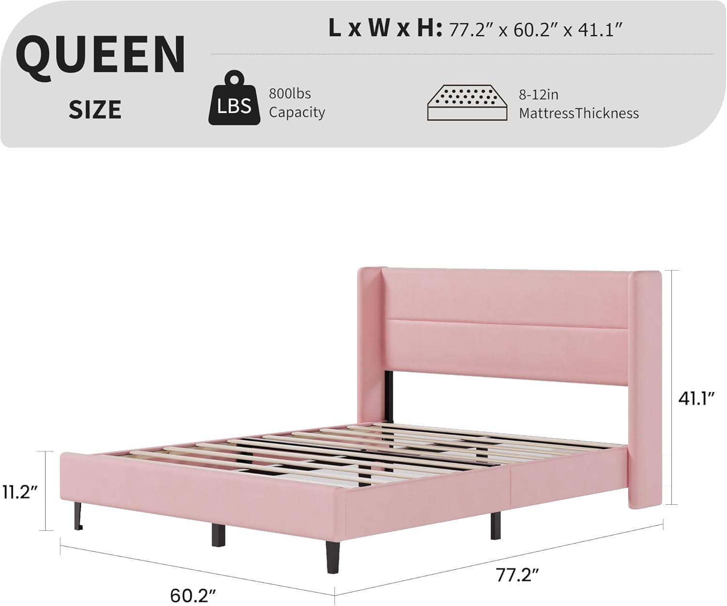 IDEALHOUSE Queen Size Bed Frame with Wingback Headboard, Velvet Upholstered Platform Bedframe with Wood Slats, No Box Spring Needed, Easy Assembly, Pink