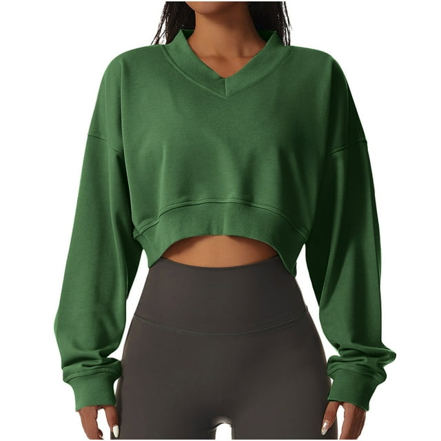 Timegard Cropped Sweatshirt for Women V Neck Workout Athletic Pullover Tops Casual Solid Color Tops