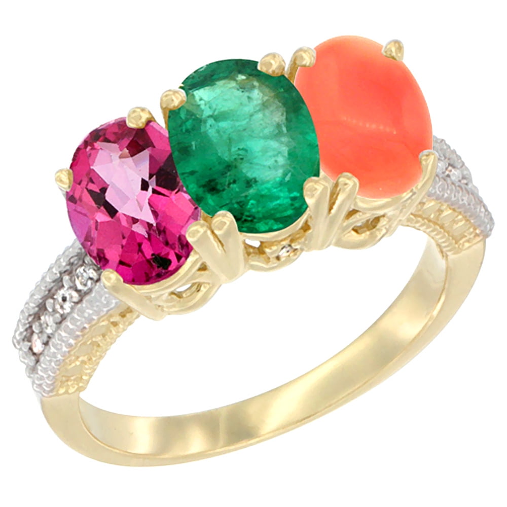 10K Yellow Gold Diamond Natural Pink Topaz, Emerald & Coral Ring 3-Stone 7x5 mm Oval, sizes 5 10 by WorldJewels