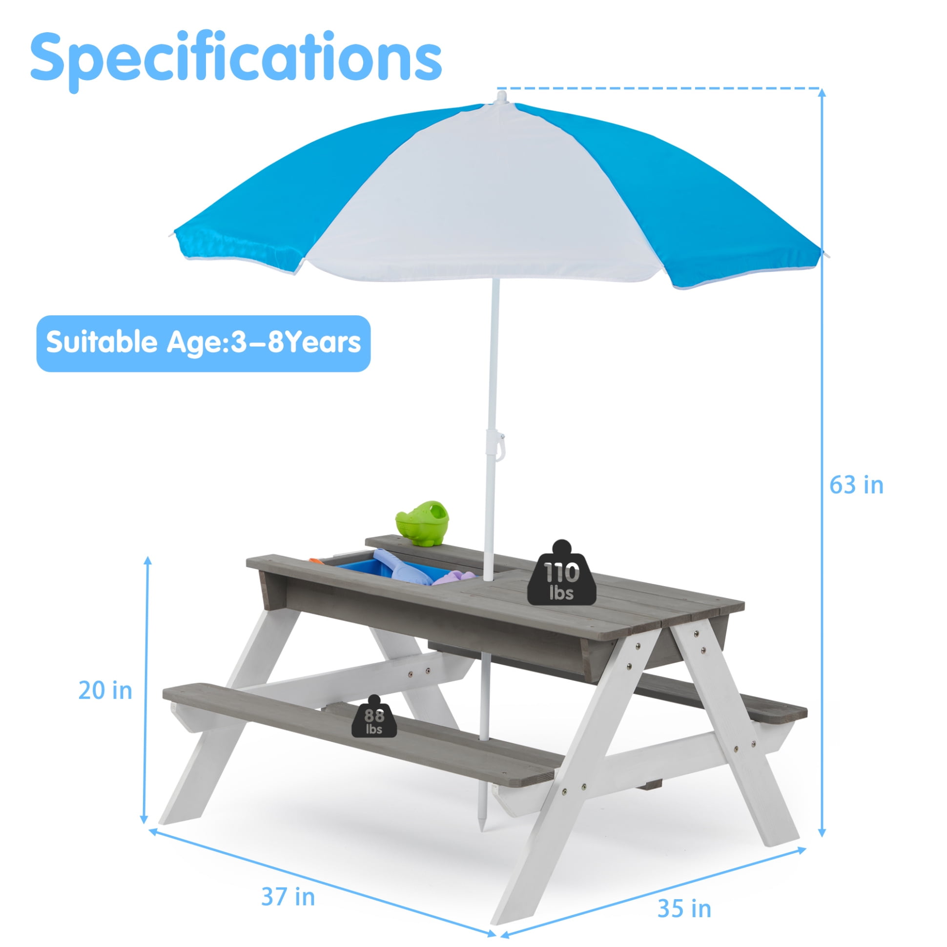 3-in-1 Kids Picnic Table with Adjustable Shade Umbrella, Convertible Sand/Water Play, Durable Cedarwood, Ages 3-10, Gray