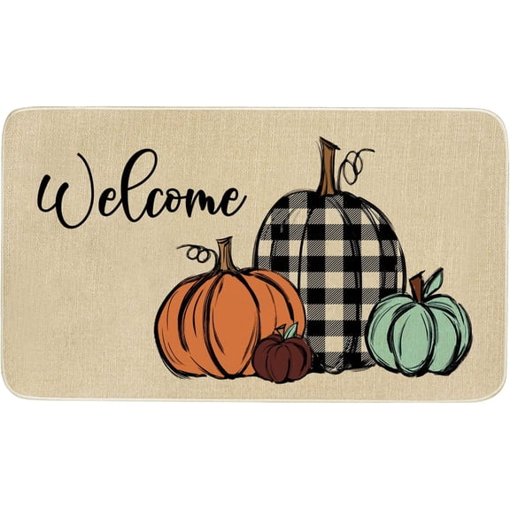Buffalo Plaid Pumpkins Decorative Doormat Welcome Mats for Front Door Seasonal Thanksgiving Holiday Low-Profile Fall Door Mat Indoor Outdoor Non Slip Rug for Outside Entrance 30 x 17 Inch Brown