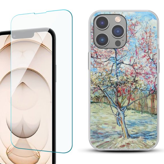 Slim-Fit Gel TPU Phone Case for iPhone 14 Pro, with Tempered Glass Screen Protector, by OneToughShield ® - Blossom Tree