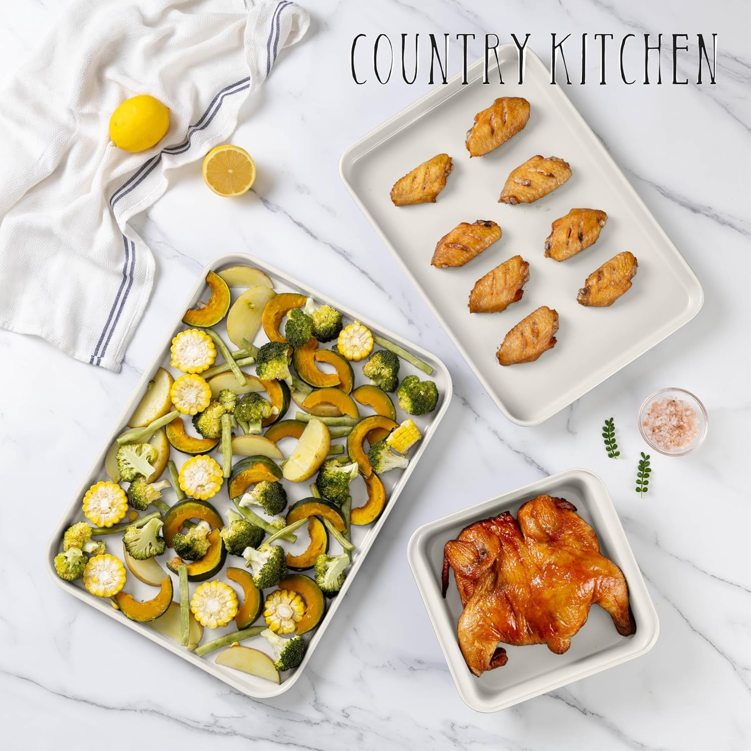 Country Kitchen Nonstick Cookware and Bakeware Set with Stackable Design, Cream, 13-Piece
