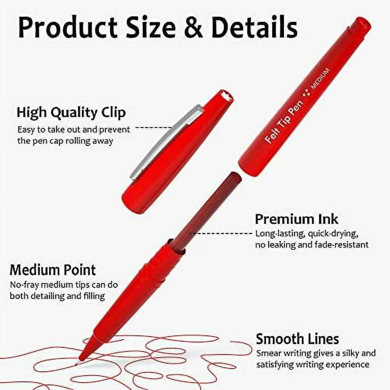 Lelix Felt Tip Pens, 30 Red Pens, 0.7mm Medium Point Felt Pens, Felt Tip  Markers Pens for Journaling, Writing, Note Taking, Planner, Perfect for Art