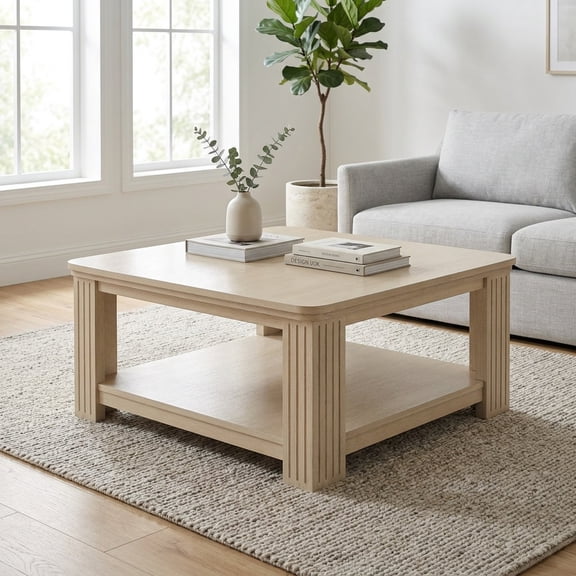 Square Coffee Table with 2-Tier Storage Shelf - Natural Wood Finish