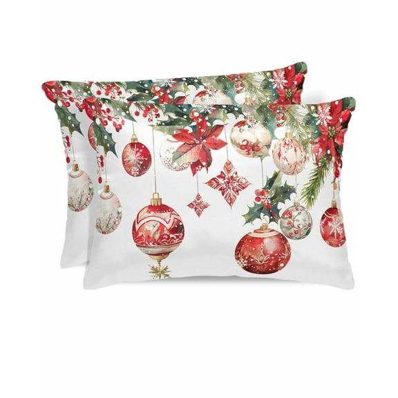 Hokiten Pillow Cases Queen Size Set of 2, Couch Pillow Covers, Christmas Balls Satin Pillowcases with Zipper for Hair/Skin, Pillow Protector Cover, Xmas Poinsettia Botanical Red 20x30 Inches