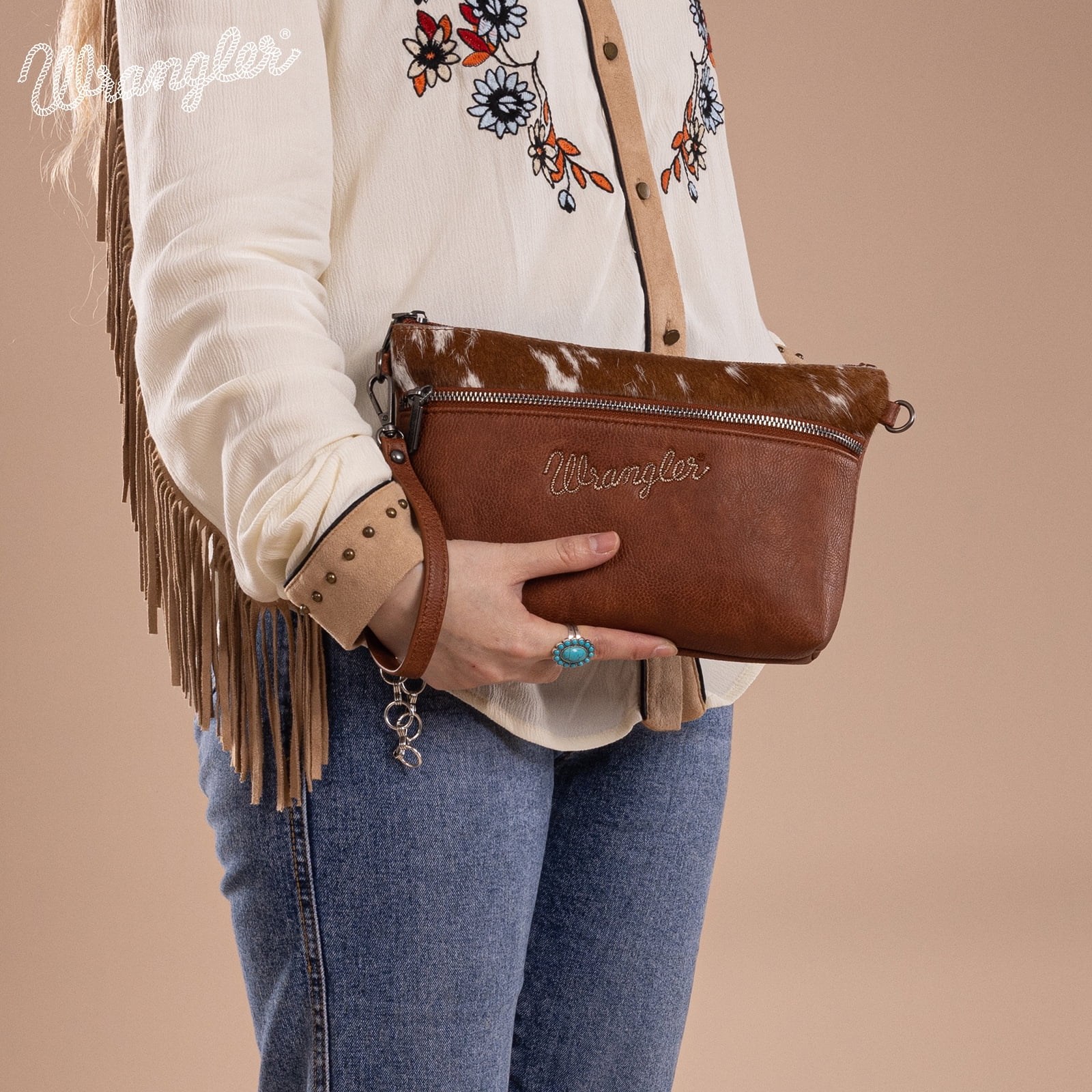 Wrangler Western Cowhide Crossbody Bags for Women Clutch Wristlet Purse, Cowhair-brown