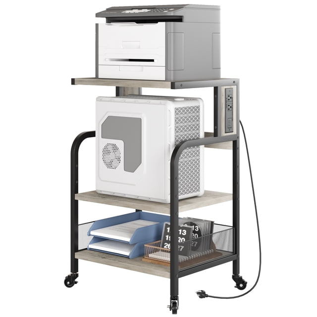Support d'Imprimante Portable avec Prise de Courant, Table d'Imprimante Roulante à 3 Niveaux avec Tablette de Rangement Réglable et Roues