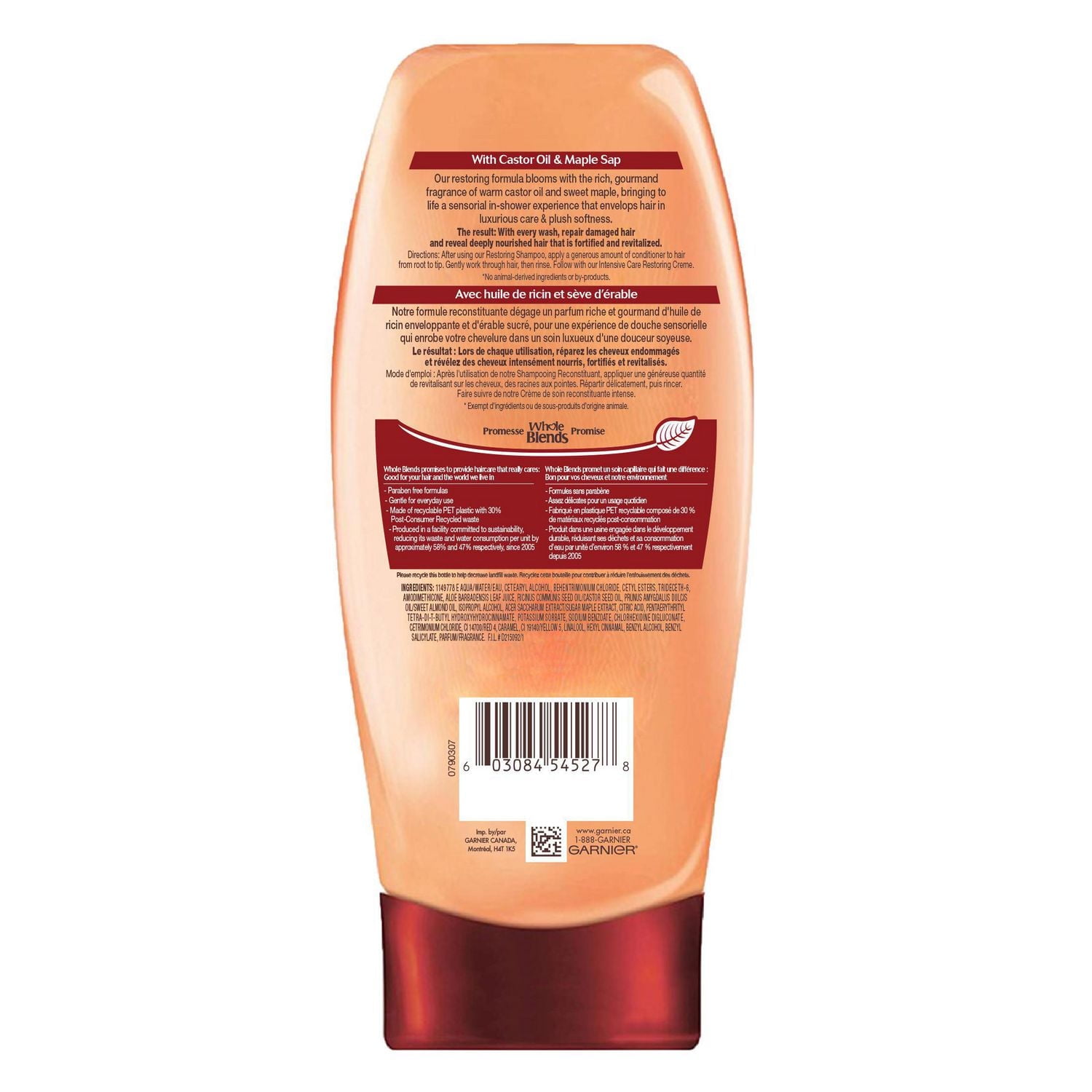Garnier Whole Blends Revitalisant Remède Huile de Ricin, 370 mL Revitalisant réparateur pour cheveux fragiles.