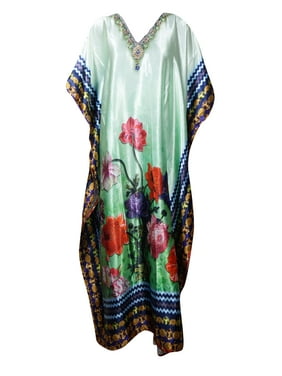 Mogul Women Beautiful Maxi Caftan Jewel Print Floral Green V-Neck Beach Cover Up Long Dress One Size