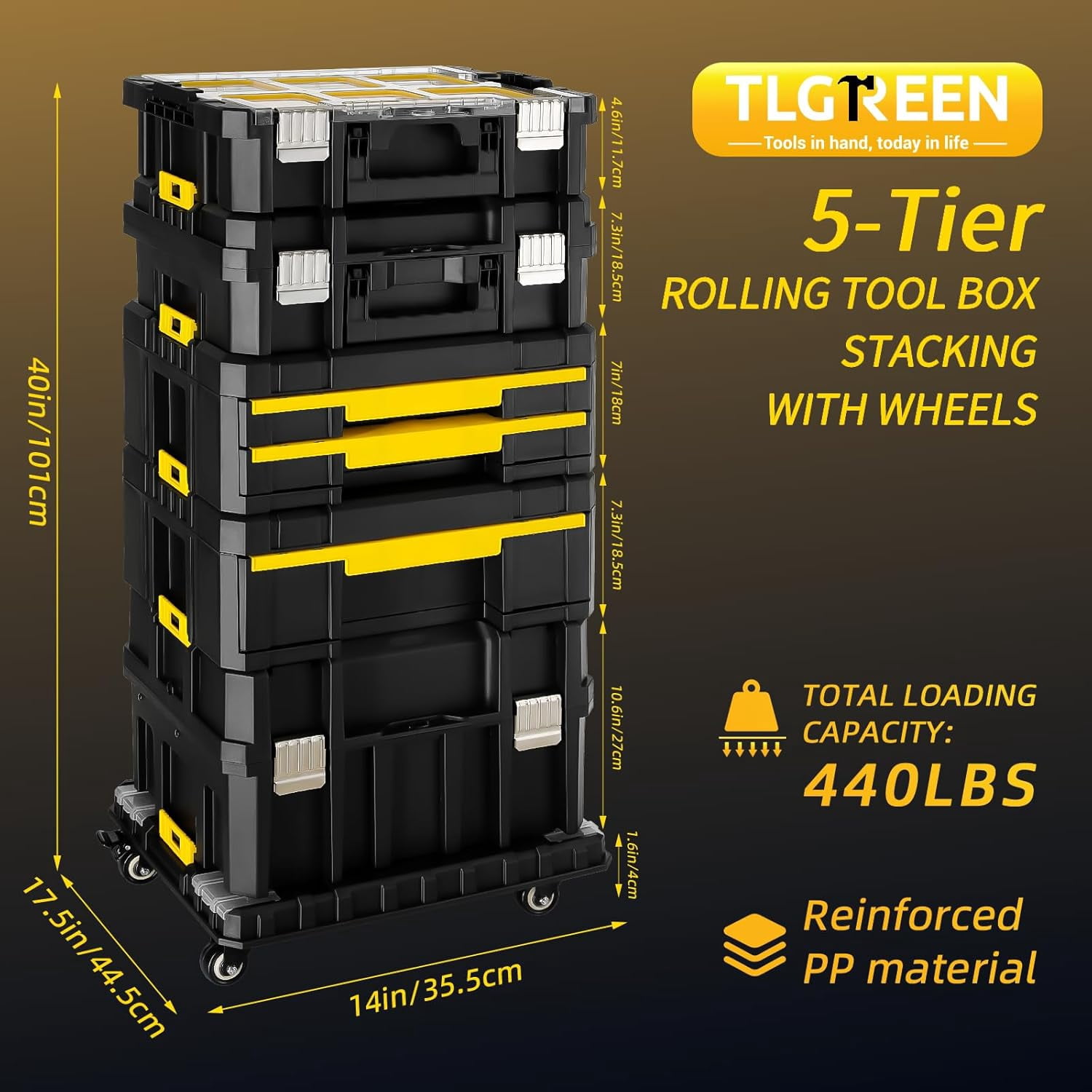 TLGREEN Stackable Rolling Tool Box with Wheels – 5 in 1 Modular Tool Organizer System, Portable Tool Box with Drawers for Garage Storage, Home Repairs & Professional Workshop