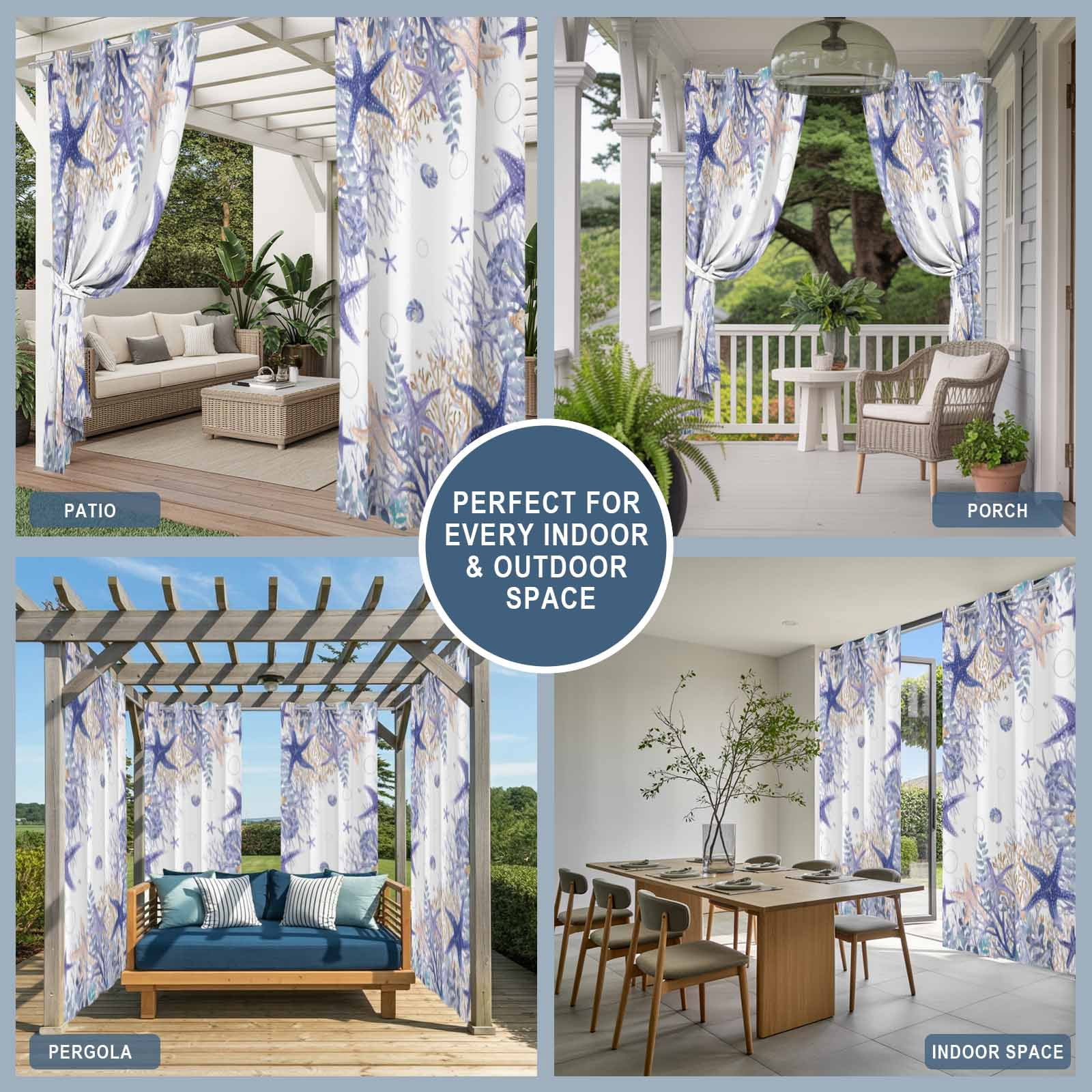 Summer Marine Life Outdoor Curtains for Patio, Watercolor Purple Starfish Ocean Bubble Sunshade Privacy Drapes Grommet Waterproof Outside Curtains for Porch/Cabana/Balcony 54"x 108", 1 Panel