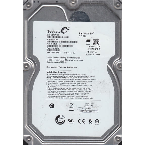 ST31500541AS, 6XW, SU, PN 9TN15R-568, FW CC94, Seagate 1.5TB SATA 3.5 Hard Drive