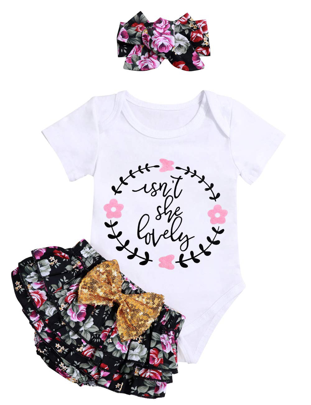Infant Baby Girls Floral Outfit Set Blessed Print Romper Floral Ruffle Shorts Clothes with Headband