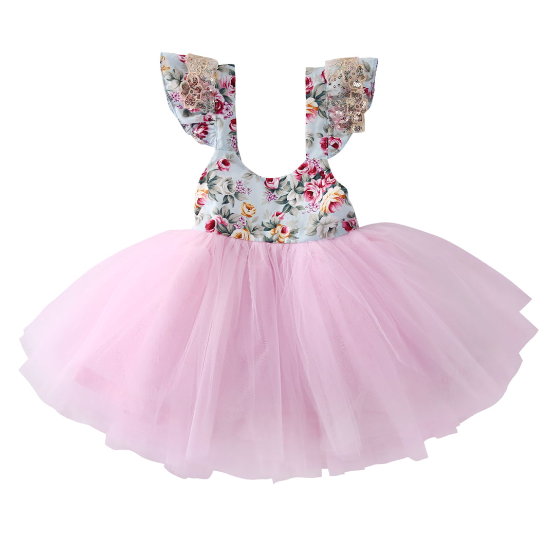 Baby Girls Plaid Floral Dress Clothes Ruffle Sleeve Tutu Skirt Backless Halter Sundress Birthday Party Princess Formal Outfit 