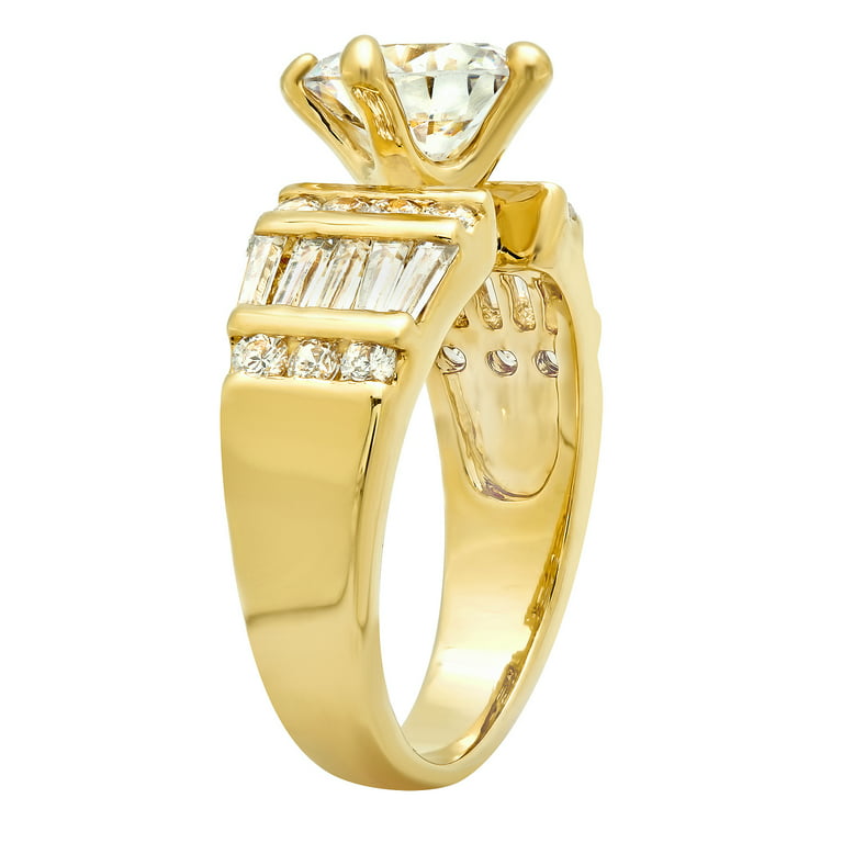8mm Gold Plated Round CZ Solitaire Ring w/Baguette & Round CZs